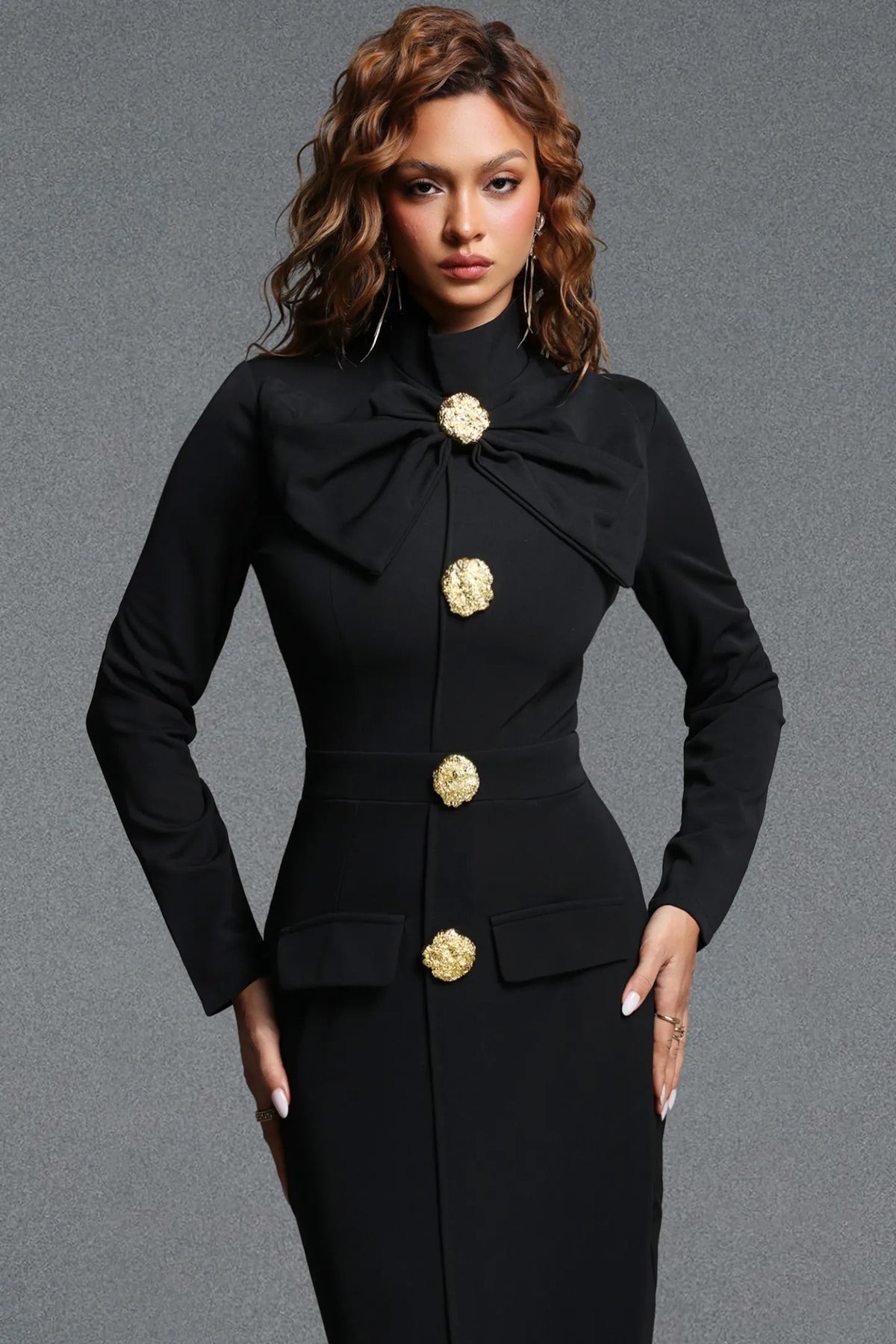 Sophisticated Black Pencil Dress with Oversized Bow and Front Slit