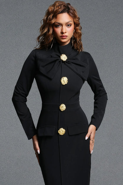Sophisticated Black Pencil Dress with Oversized Bow and Front Slit