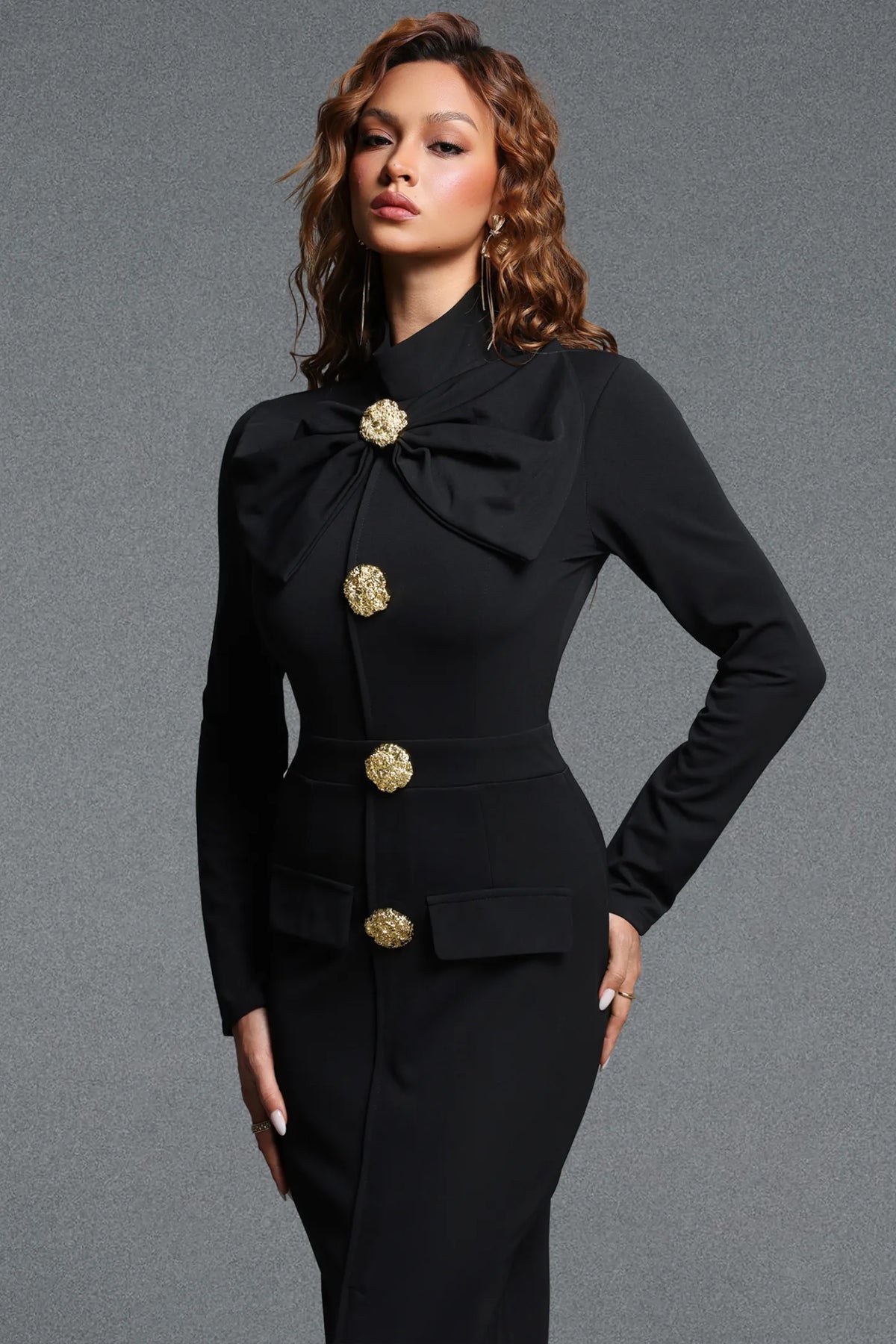 Sophisticated Black Pencil Dress with Oversized Bow and Front Slit