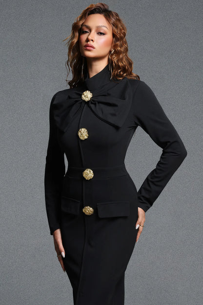 Sophisticated Black Pencil Dress with Oversized Bow and Front Slit