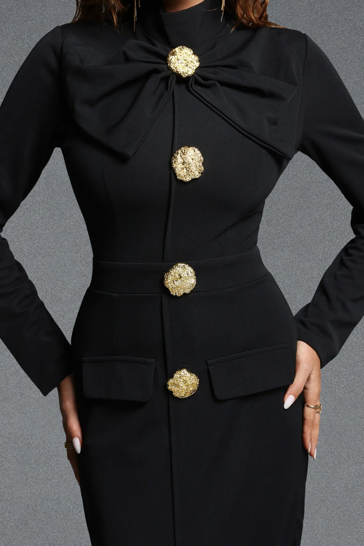 Sophisticated Black Pencil Dress with Oversized Bow and Front Slit