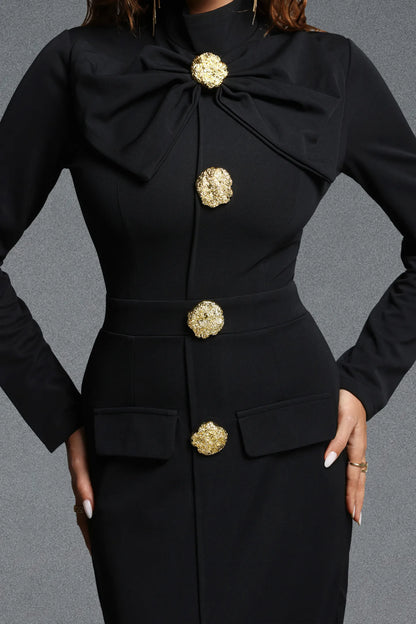 Sophisticated Black Pencil Dress with Oversized Bow and Front Slit