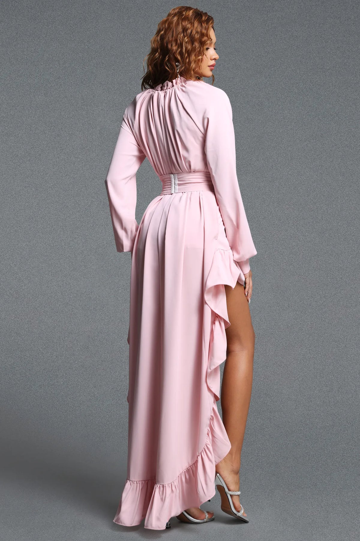 Light Pink Long Sleeve Dress with Dramatic High-Low Hem