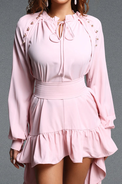 Light Pink Long Sleeve Dress with Dramatic High-Low Hem