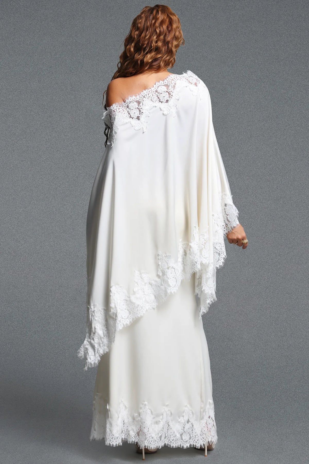 Cream One-Shoulder Cape Overlay Evening Dress