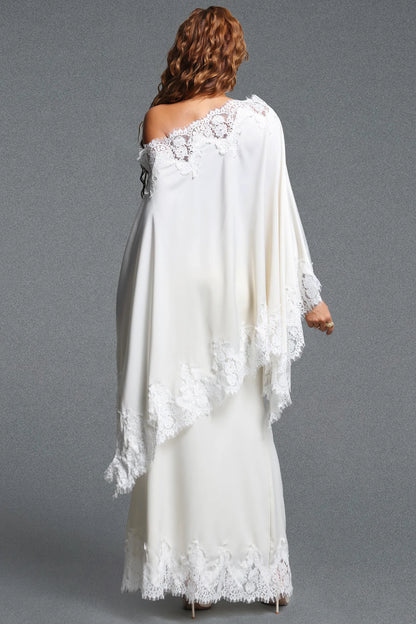 Cream One-Shoulder Cape Overlay Evening Dress