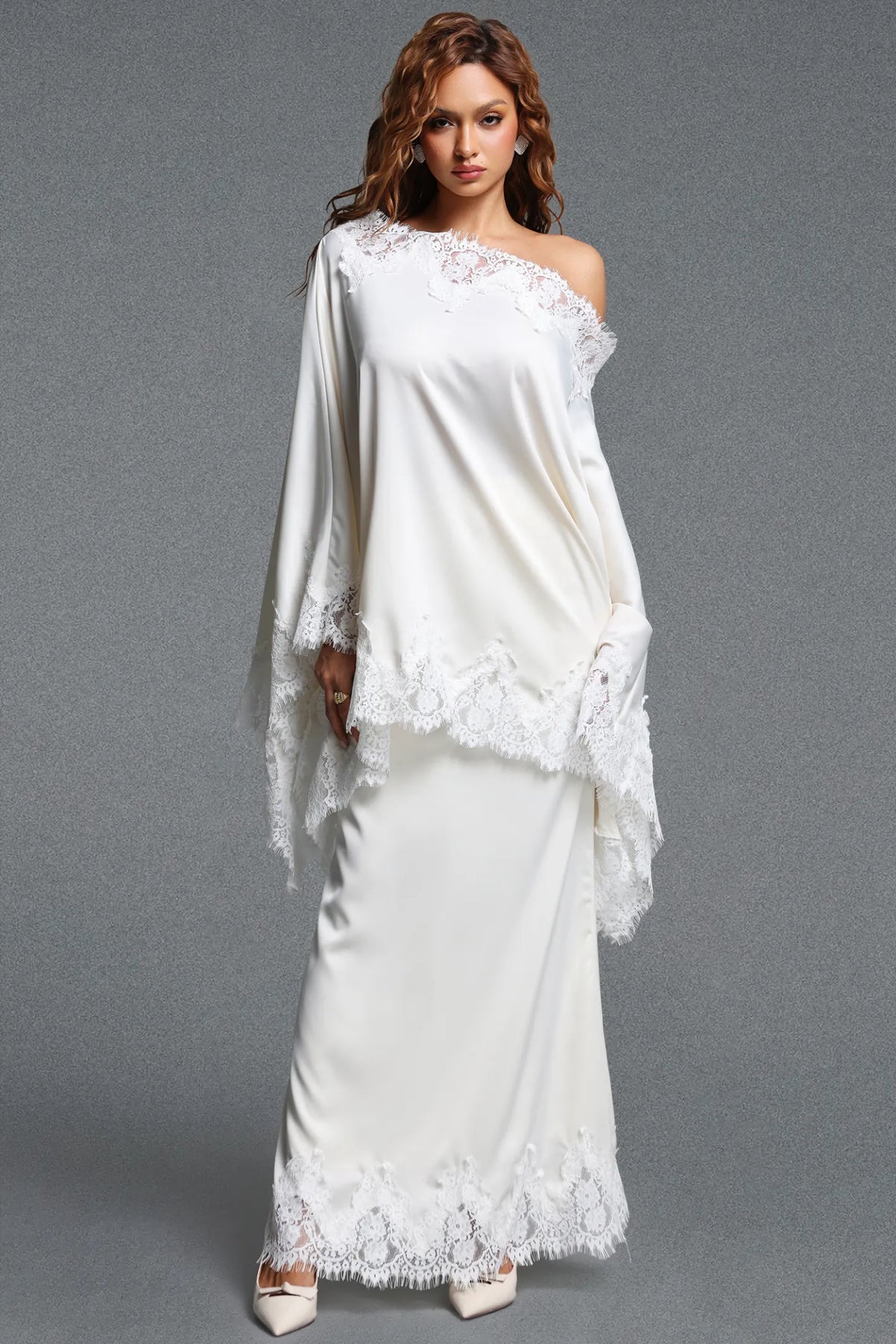Cream One-Shoulder Cape Overlay Evening Dress