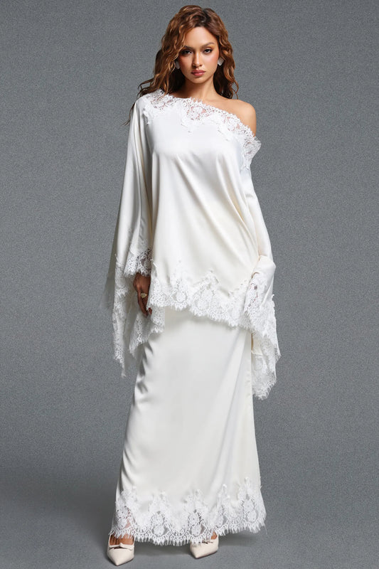 Cream One-Shoulder Cape Overlay Evening Dress