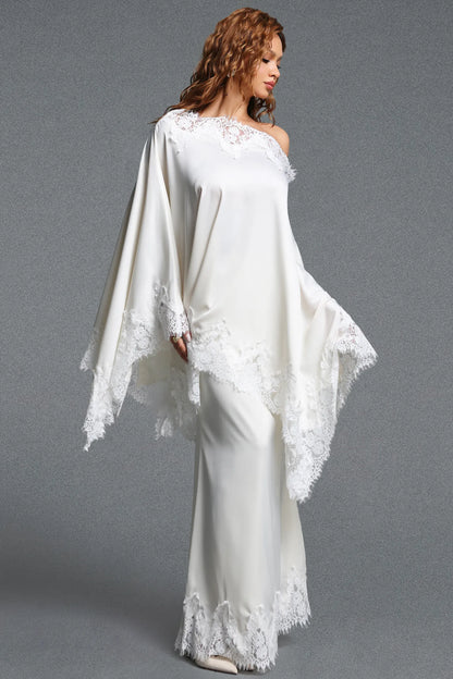 Cream One-Shoulder Cape Overlay Evening Dress