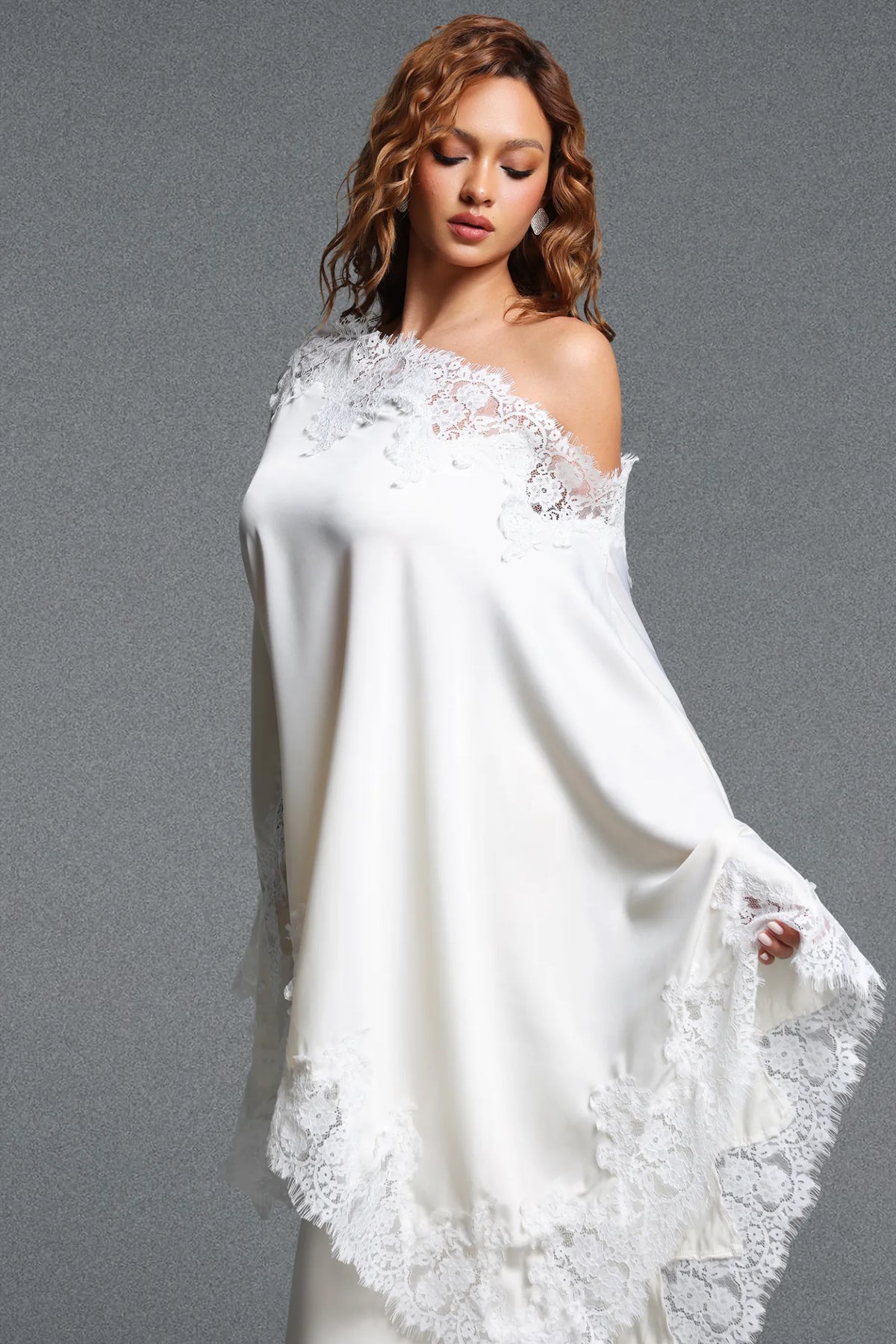 Cream One-Shoulder Cape Overlay Evening Dress
