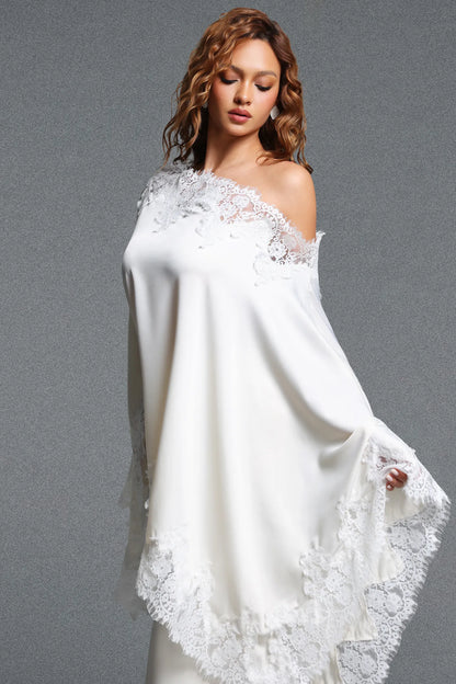 Cream One-Shoulder Cape Overlay Evening Dress