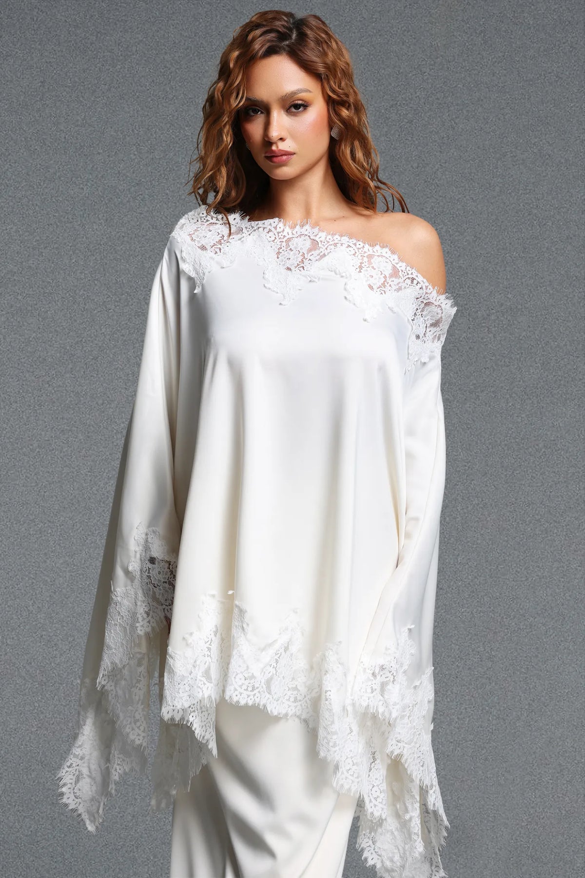 Cream One-Shoulder Cape Overlay Evening Dress
