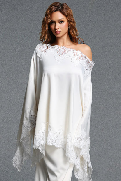 Cream One-Shoulder Cape Overlay Evening Dress