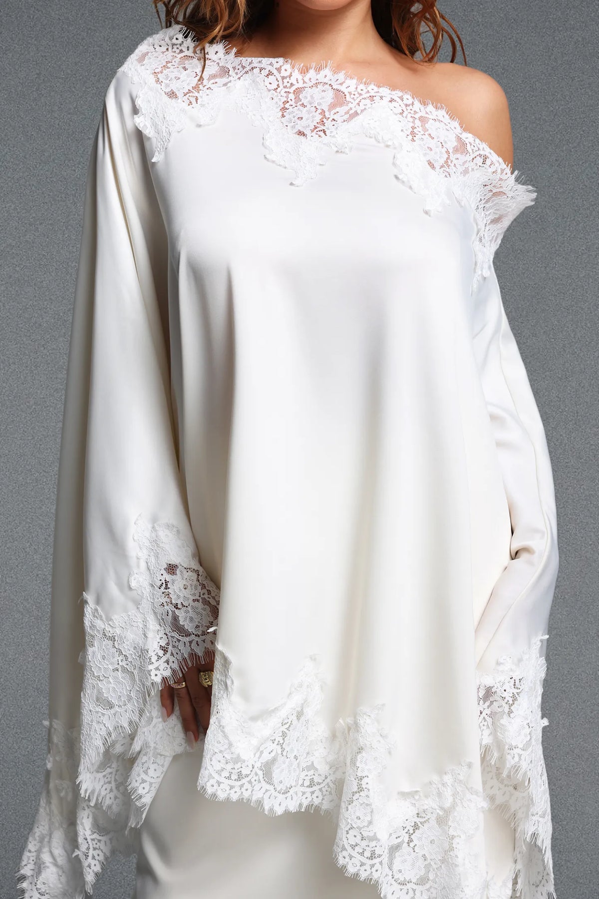 Cream One-Shoulder Cape Overlay Evening Dress