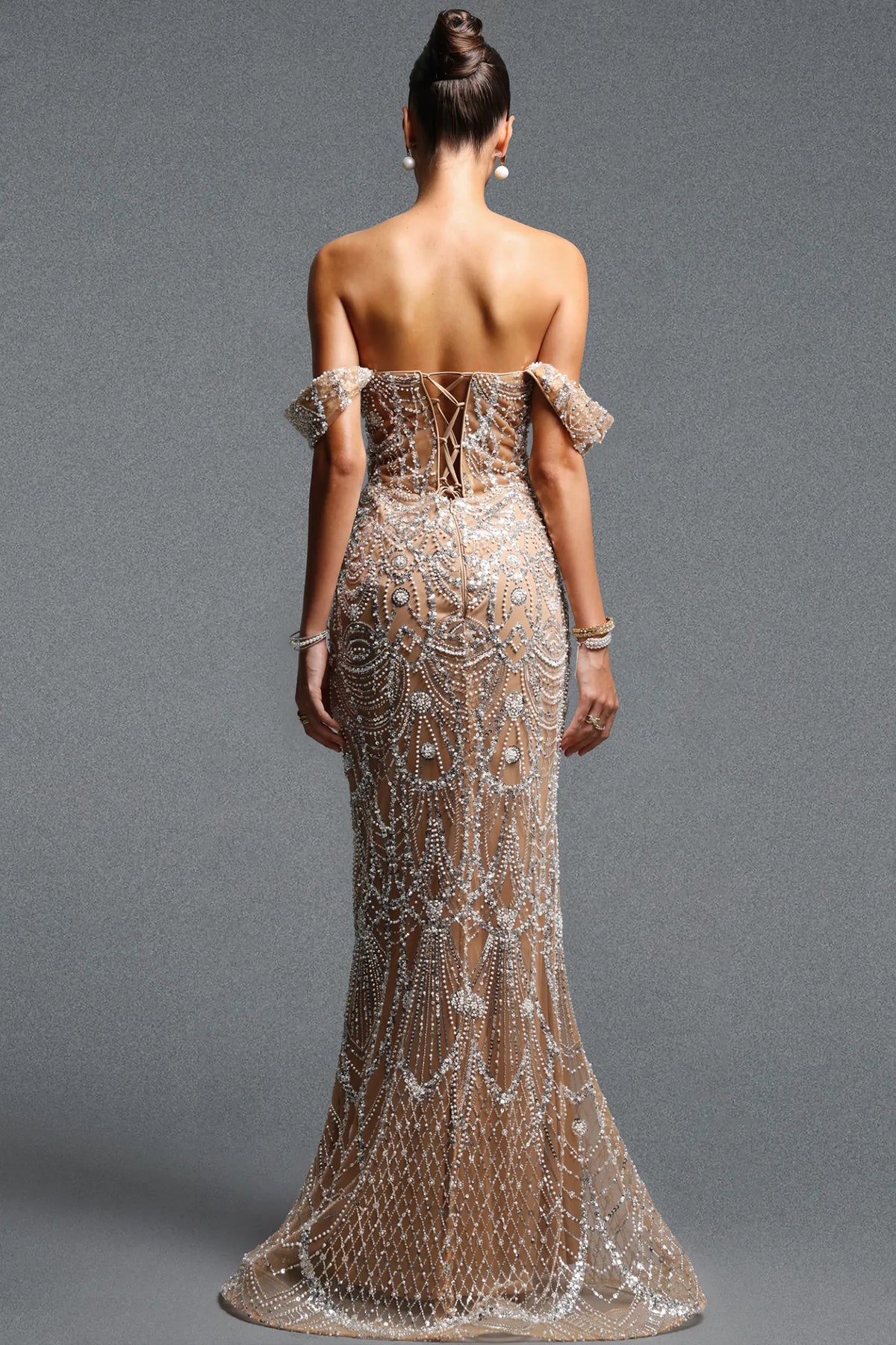 Champagne Rhinestone Gown with Clustered Pearl Bodice