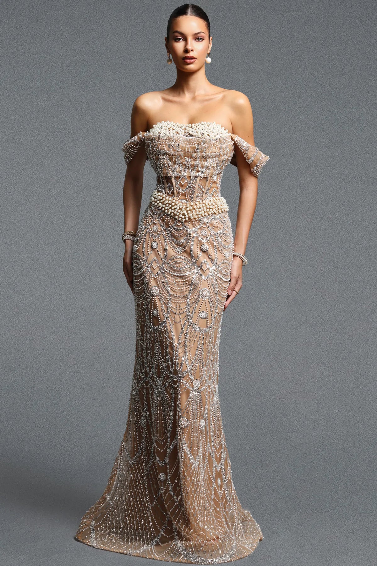 Champagne Rhinestone Gown with Clustered Pearl Bodice