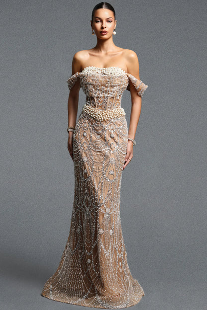 Champagne Rhinestone Gown with Clustered Pearl Bodice