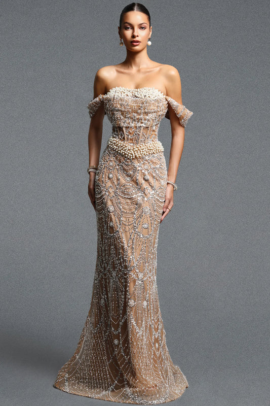 Champagne Rhinestone Gown with Clustered Pearl Bodice