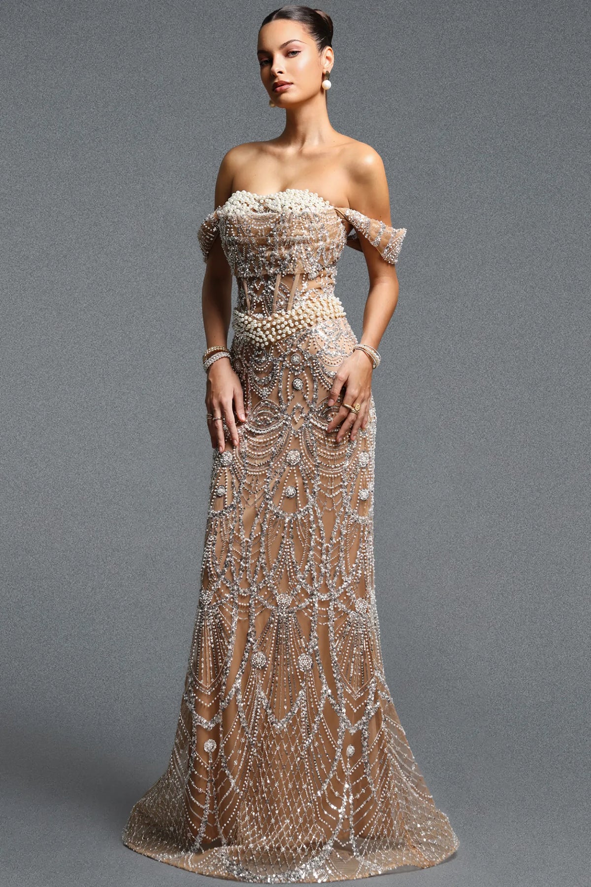 Champagne Rhinestone Gown with Clustered Pearl Bodice