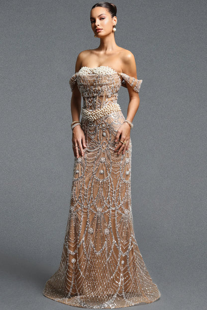 Champagne Rhinestone Gown with Clustered Pearl Bodice
