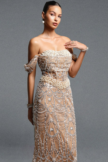 Champagne Rhinestone Gown with Clustered Pearl Bodice