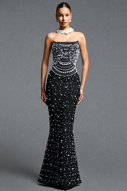 Luxurious Black Pearl-Scattered Mermaid Gown