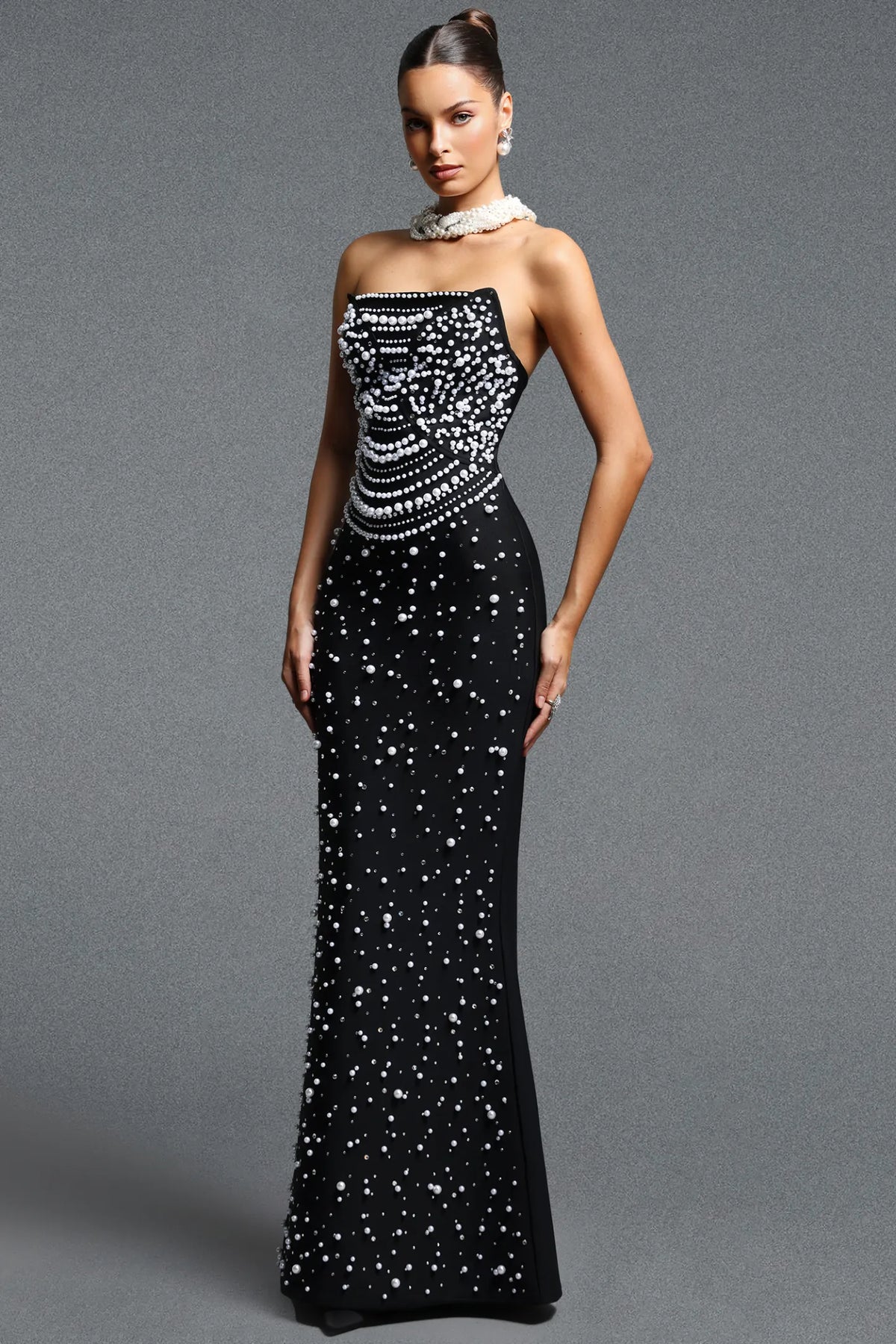 Luxurious Black Pearl-Scattered Mermaid Gown