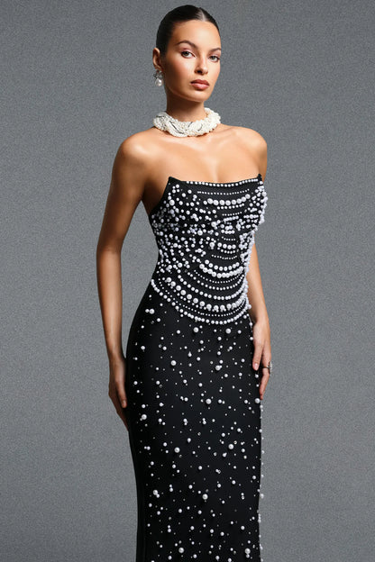 Luxurious Black Pearl-Scattered Mermaid Gown