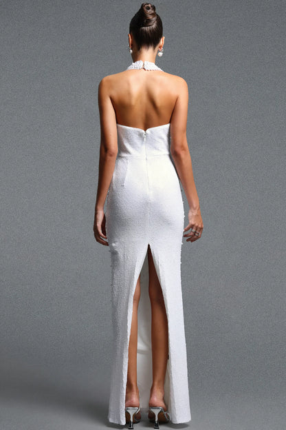 Elegant White Beaded Halter Evening Gown