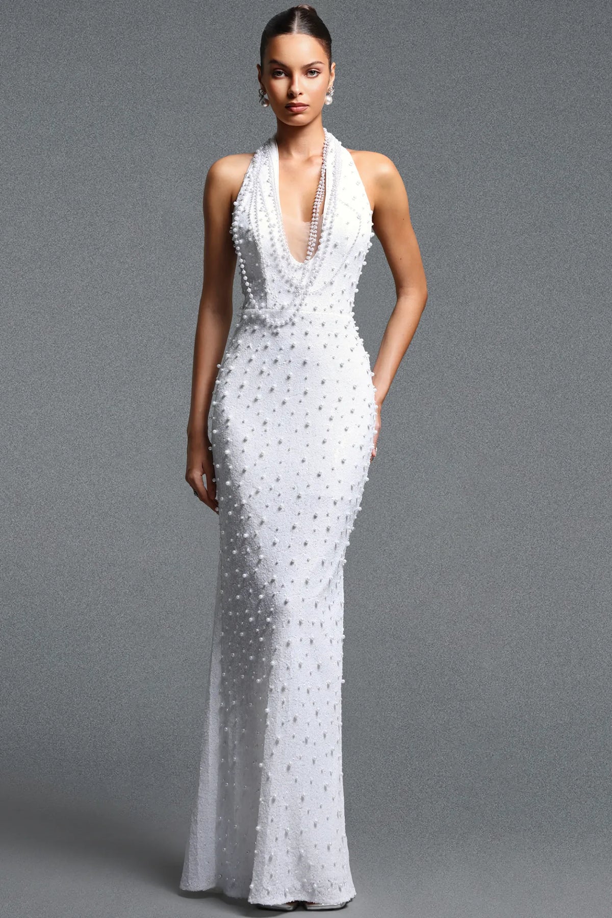 Elegant White Beaded Halter Evening Gown