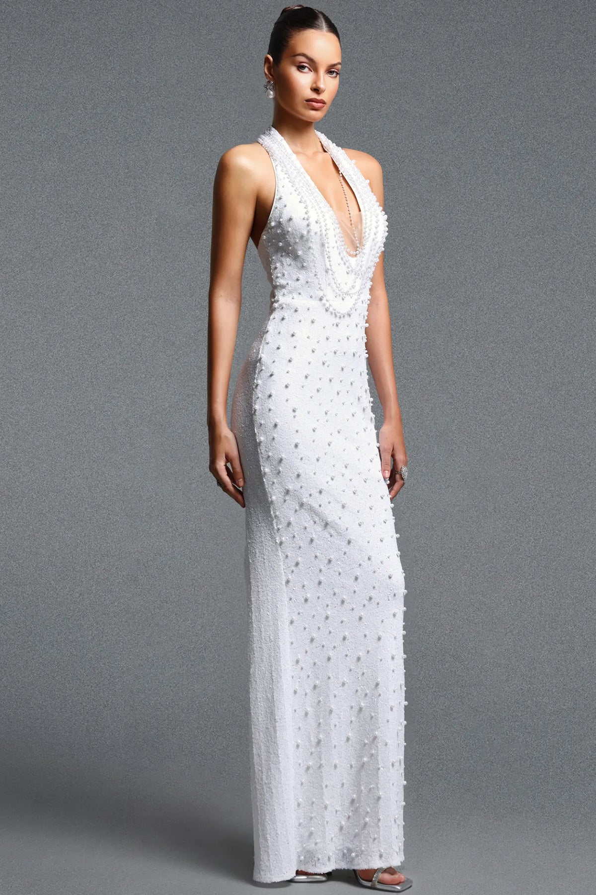 Elegant White Beaded Halter Evening Gown
