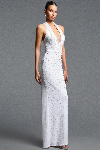 Elegant White Beaded Halter Evening Gown