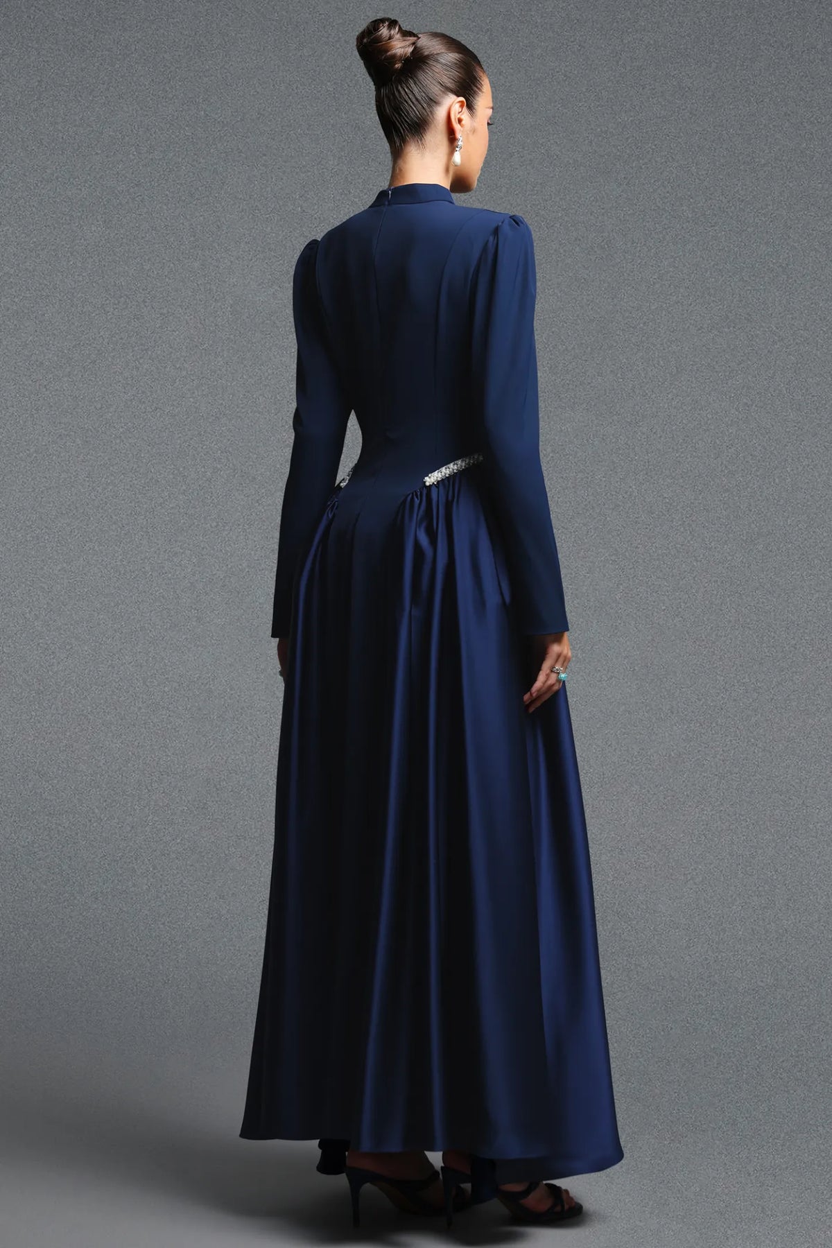 Navy Structured Bodice Gown with Beaded Accents
