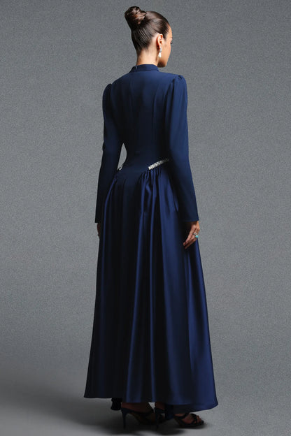 Navy Structured Bodice Gown with Beaded Accents