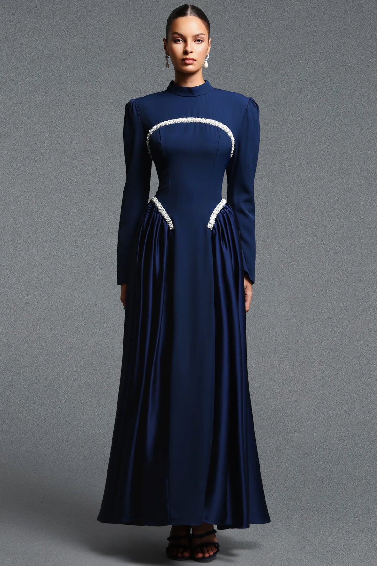 Navy Structured Bodice Gown with Beaded Accents