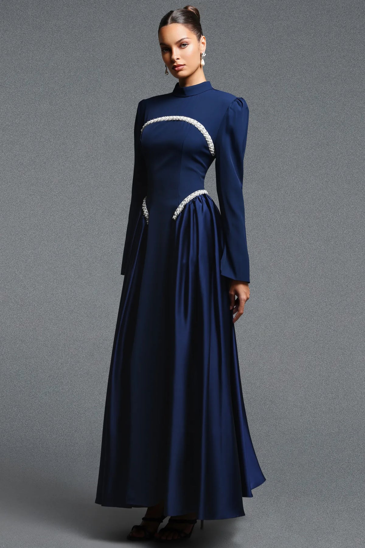 Navy Structured Bodice Gown with Beaded Accents