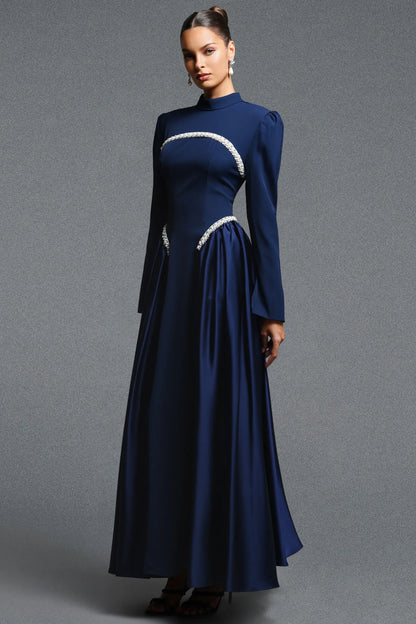 Navy Structured Bodice Gown with Beaded Accents