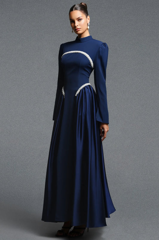 Navy Structured Bodice Gown with Beaded Accents