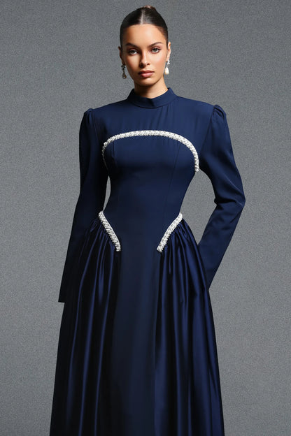Navy Structured Bodice Gown with Beaded Accents