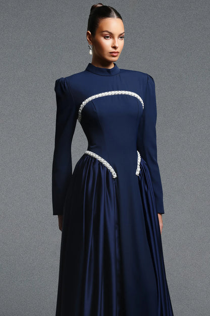Navy Structured Bodice Gown with Beaded Accents