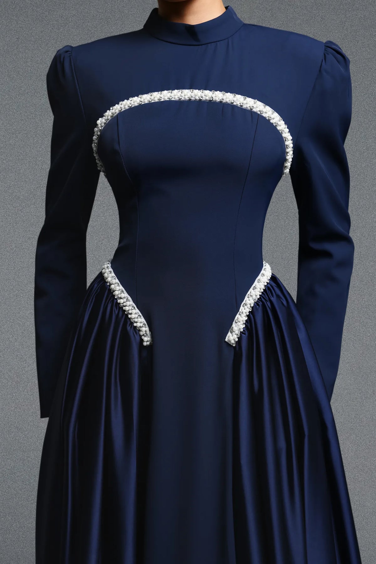 Navy Structured Bodice Gown with Beaded Accents