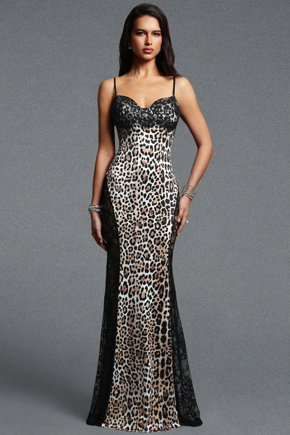 Sultry Leopard Column Dress with Contrast Lace Side Panels
