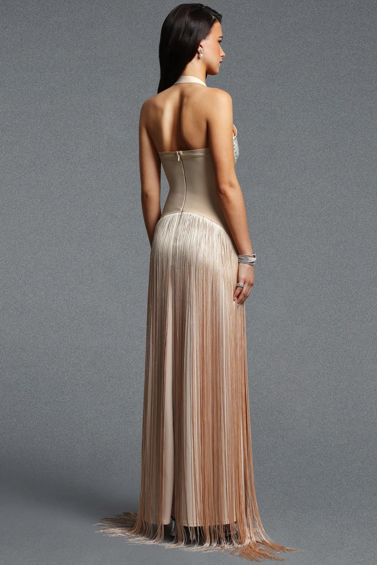 Nude Rhinestone Bodice Gown with Cascading Fringe
