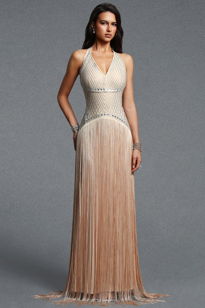 Nude Rhinestone Bodice Gown with Cascading Fringe