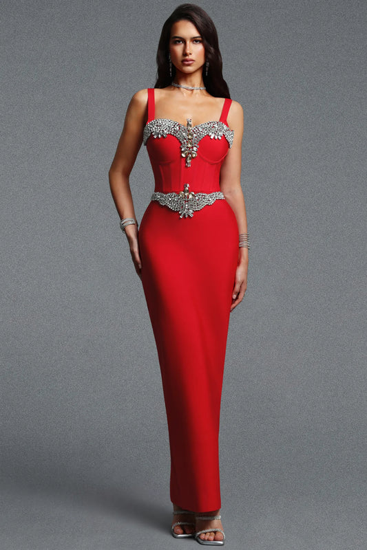 Scarlet Structured Bustier Gown with Rhinestone Belt