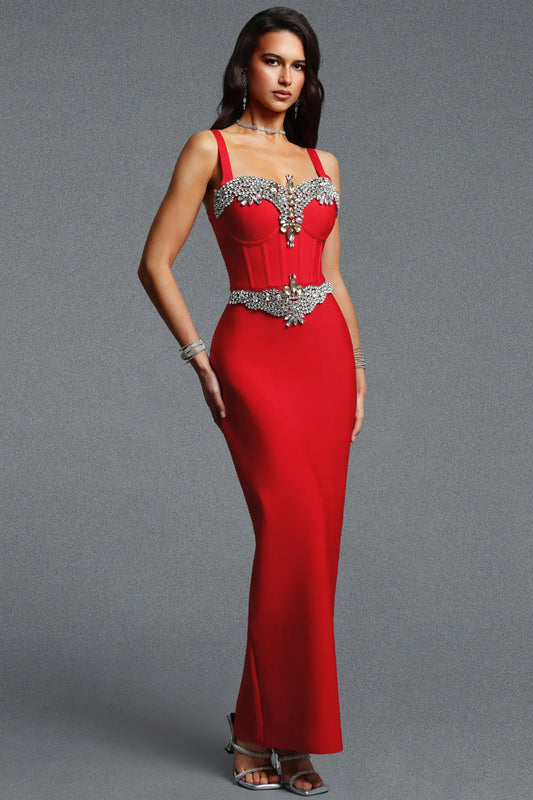 Scarlet Structured Bustier Gown with Rhinestone Belt