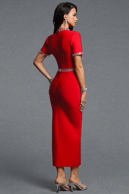 Crimson Red Crystal-Trimmed Slit Column Dress