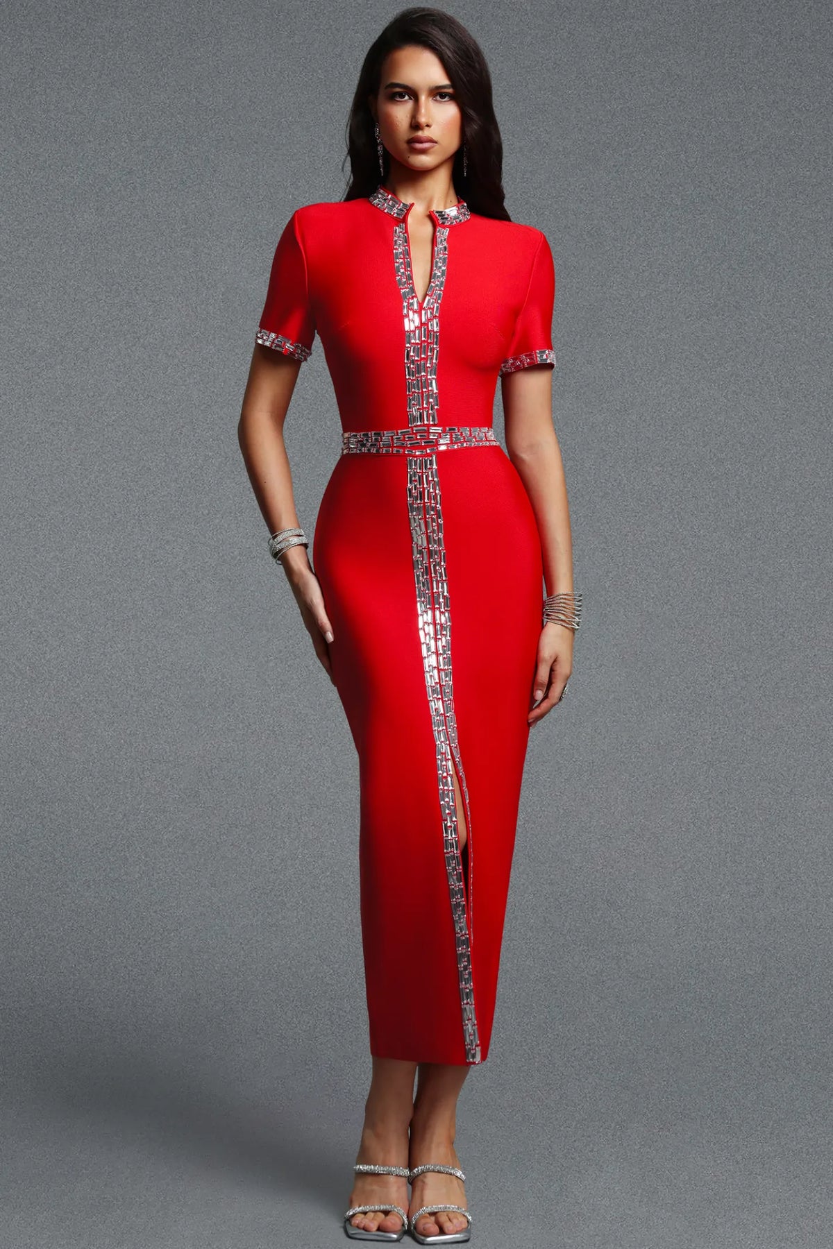 Crimson Red Crystal-Trimmed Slit Column Dress