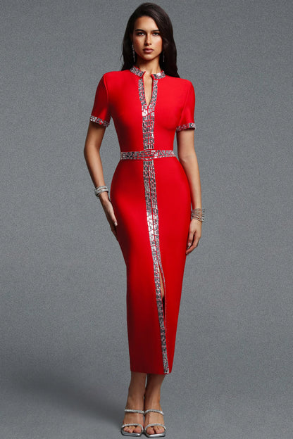 Crimson Red Crystal-Trimmed Slit Column Dress