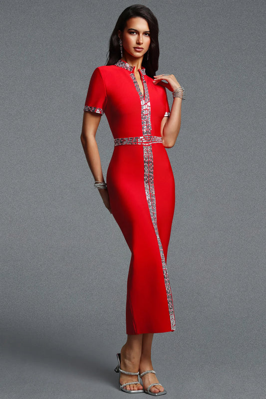 Crimson Red Crystal-Trimmed Slit Column Dress
